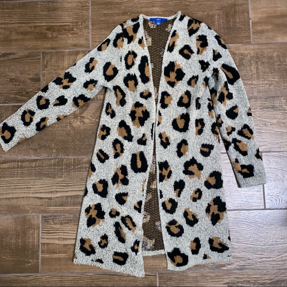 Gray Leopard Print Long Knit Coatigan Cardigan Duster Sweater
